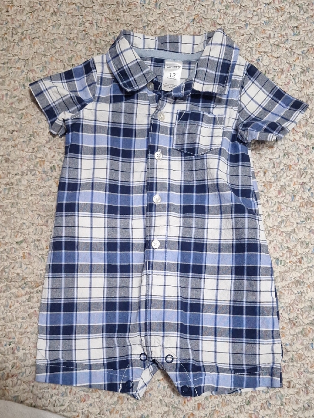 Carter's Blue and White Plaid Short-Sleeve Button-Front Romper